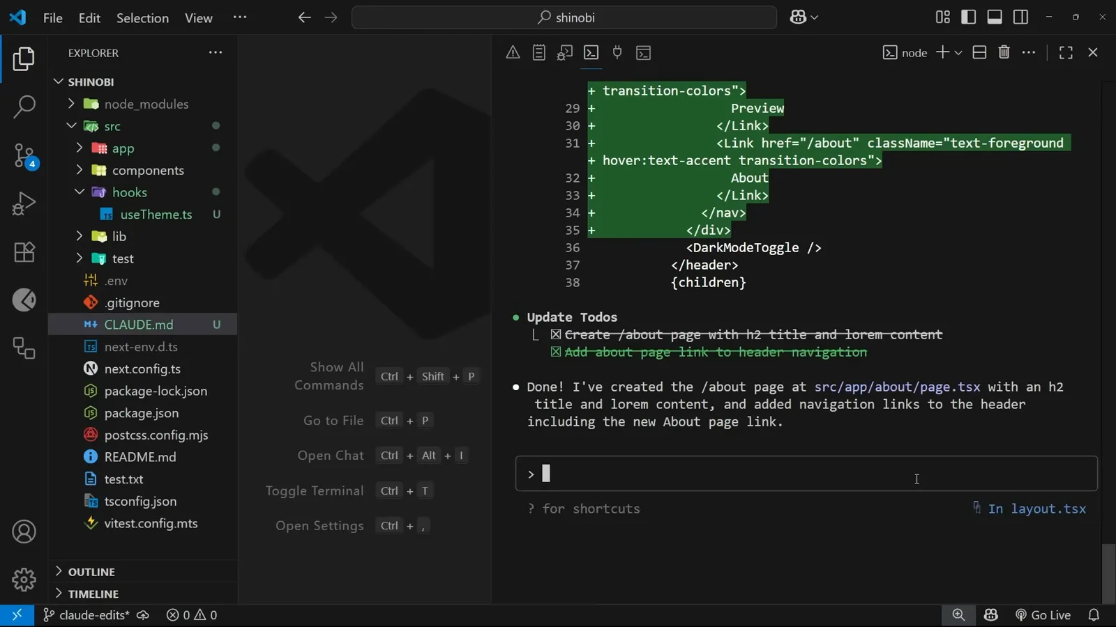Claude Code todo list for a new About page that includes adding the About link to the header navigation because the CLAUDE.md memory instructs it