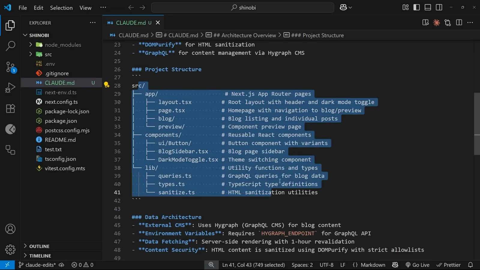 Project Structure section of a generated CLAUDE.md with app router paths selected and a Data Persistence note describing the Hygraph CMS layer
