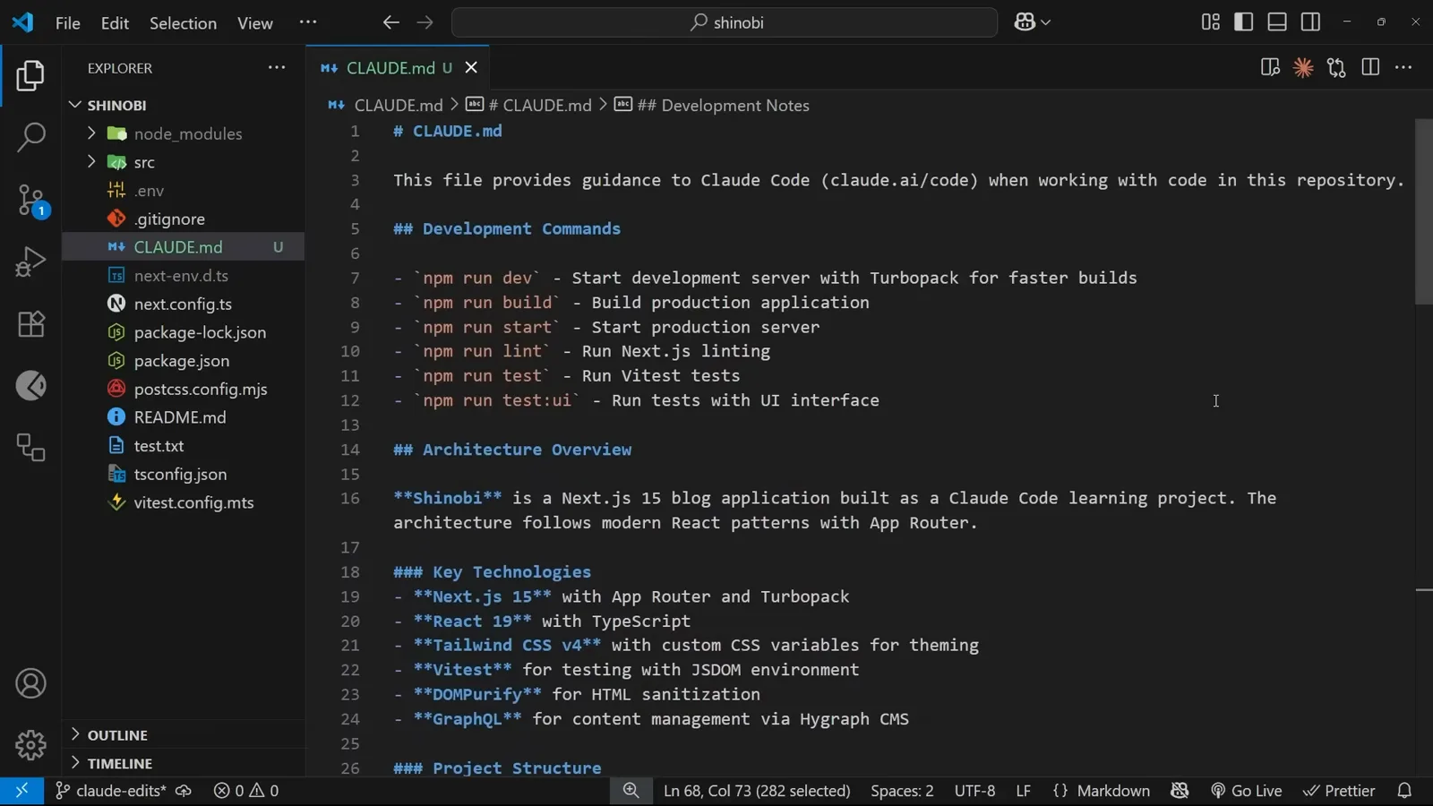 Generated CLAUDE.md in VS Code showing the guidance header for Claude Code plus Development Commands with npm run dev, build, lint and start