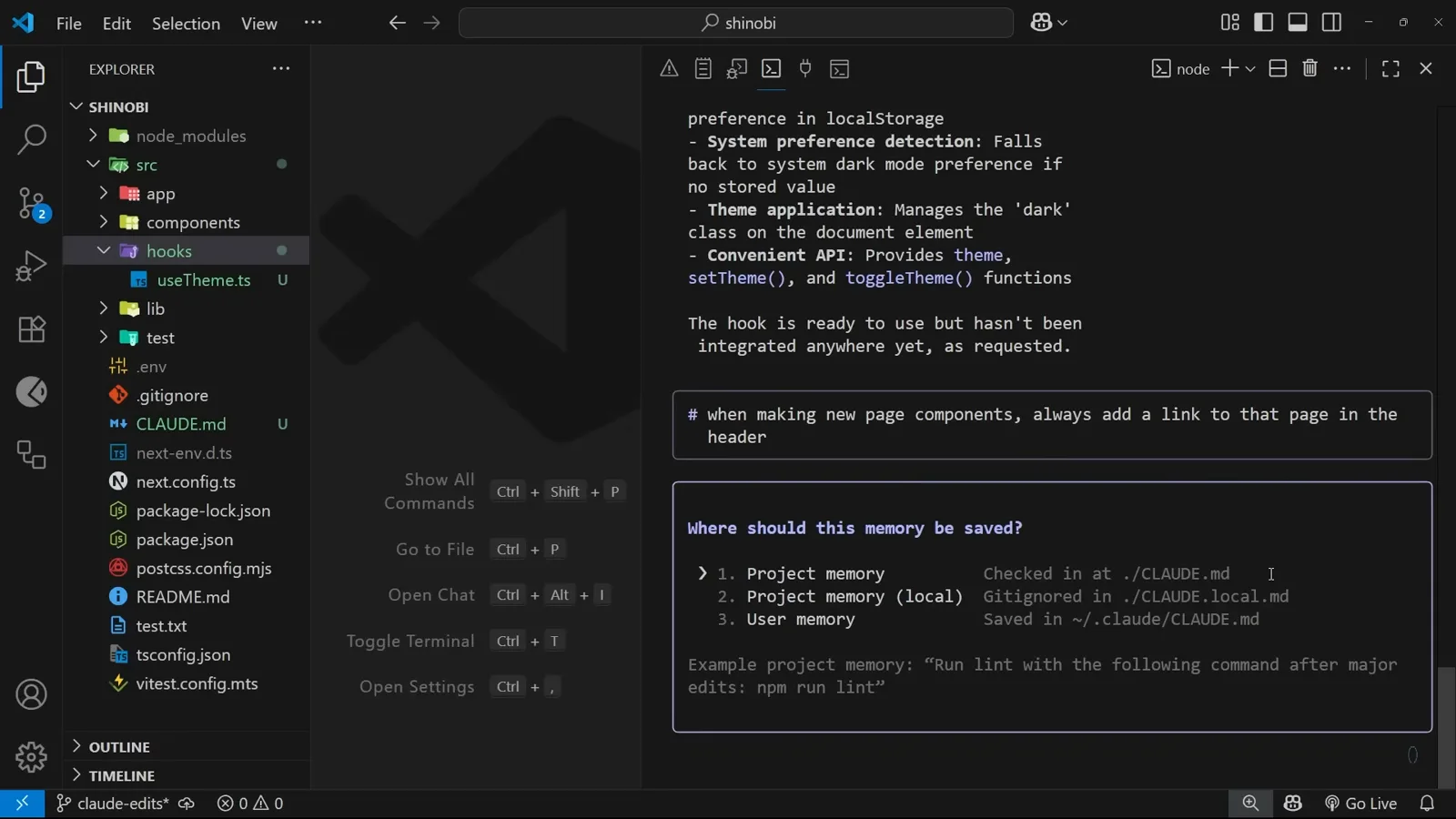 Claude Code # memory shortcut asking where a new “always add a header link” rule should be saved: project memory, local project memory, or user memory