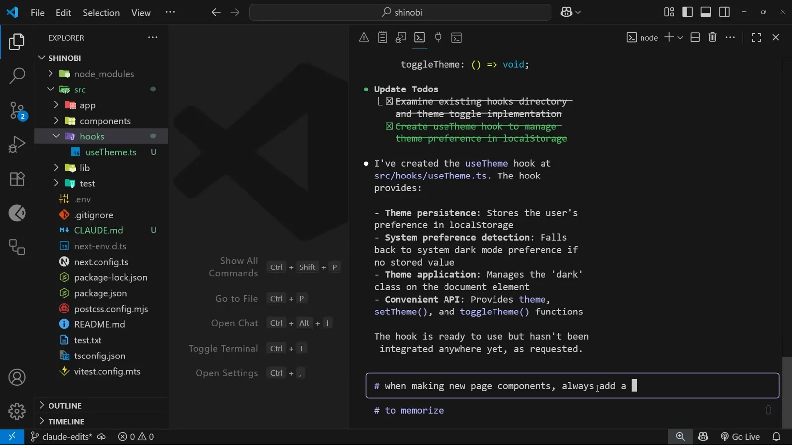Claude Code creating a use-theme hook inside src/hooks as the CLAUDE.md folder rule requires and leaving it unintegrated as the prompt requested