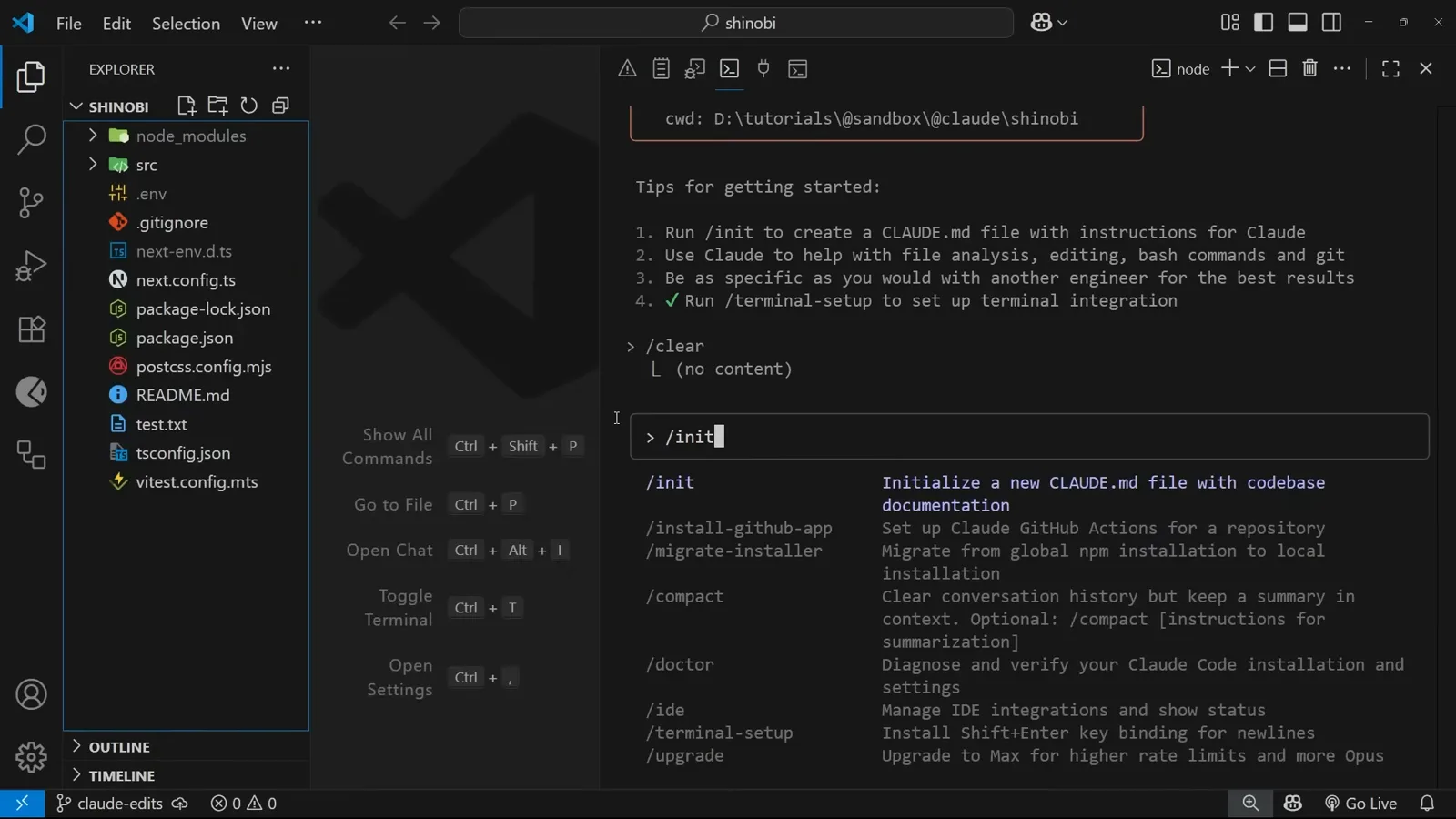Slash command /init typed in Claude Code with the tooltip “Initialize a new CLAUDE.md file with codebase documentation”