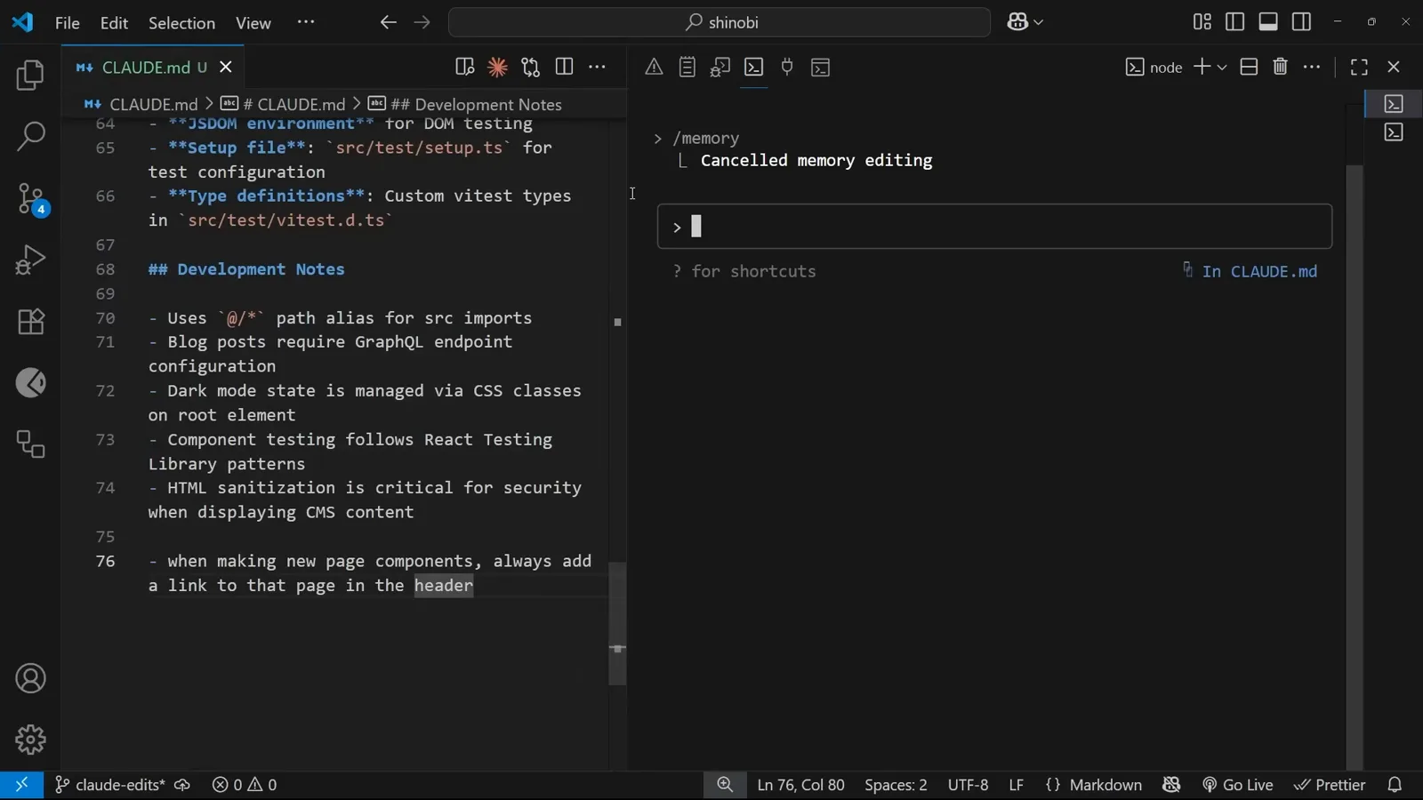 New “when making new page components, always add a link in the header” rule saved at the bottom of the project CLAUDE.md file