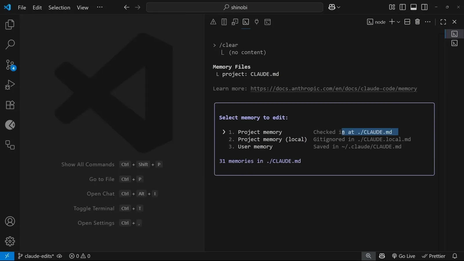 Claude Code /memory command showing the Select memory to edit picker with project, gitignored local and global user CLAUDE.md options
