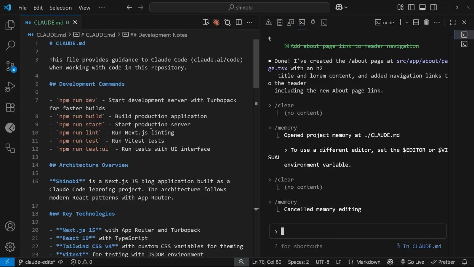 Claude Code confirming “Opened project memory at ./.CLAUDE.md” with the hint to set $EDITOR or $VISUAL for a different editor