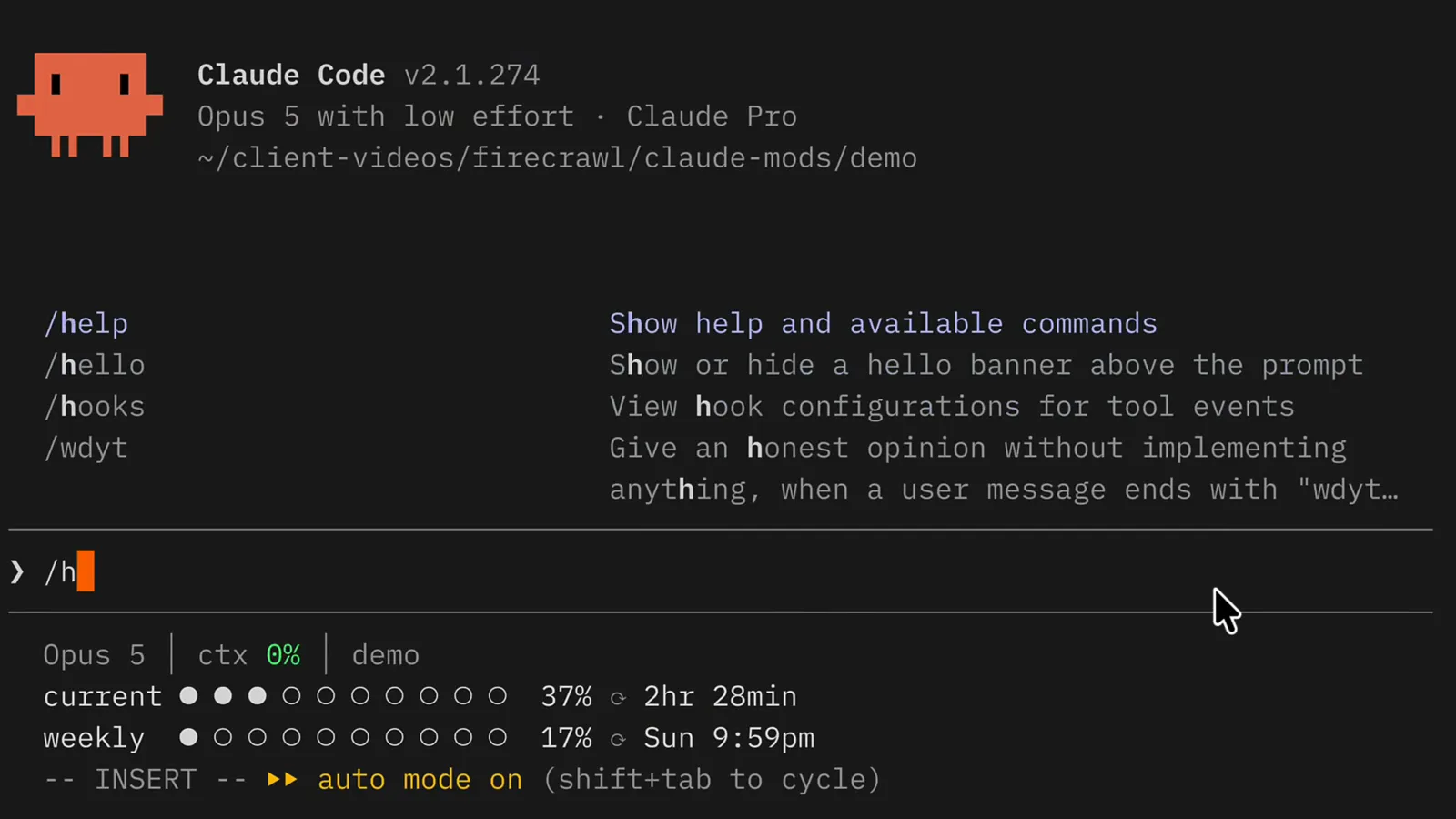 Claude Code v2.1.274 help menu listing a custom /hello command that shows or hides a hello banner above the prompt, added by an installed mod