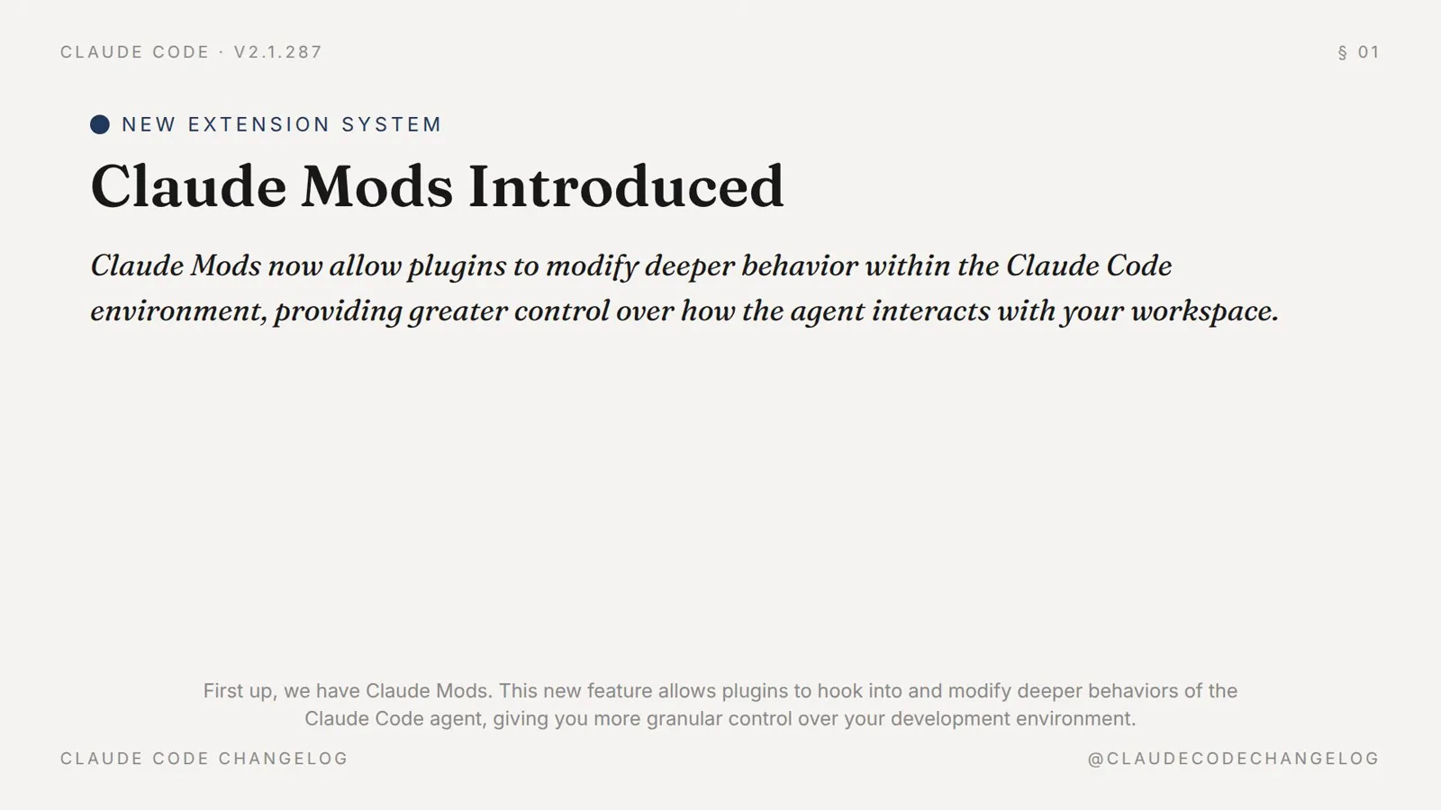 Claude Code v2.1.287 release notes slide announcing Claude Mods, plugins that modify deeper behavior within the Claude Code environment