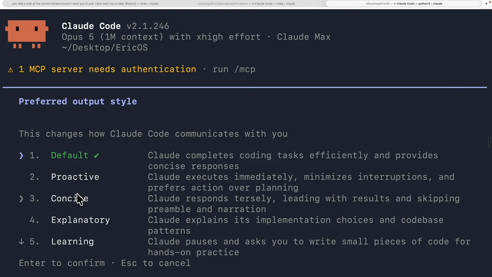 Claude Code preferred output style menu listing Default, Proactive, Concise, Explanatory and Learning with a one-line description of each