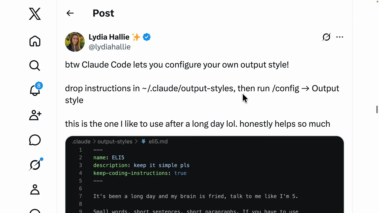 Post by an Anthropic engineer saying Claude Code lets you configure your own output style by dropping instructions in ~/.claude/output-styles and running /config