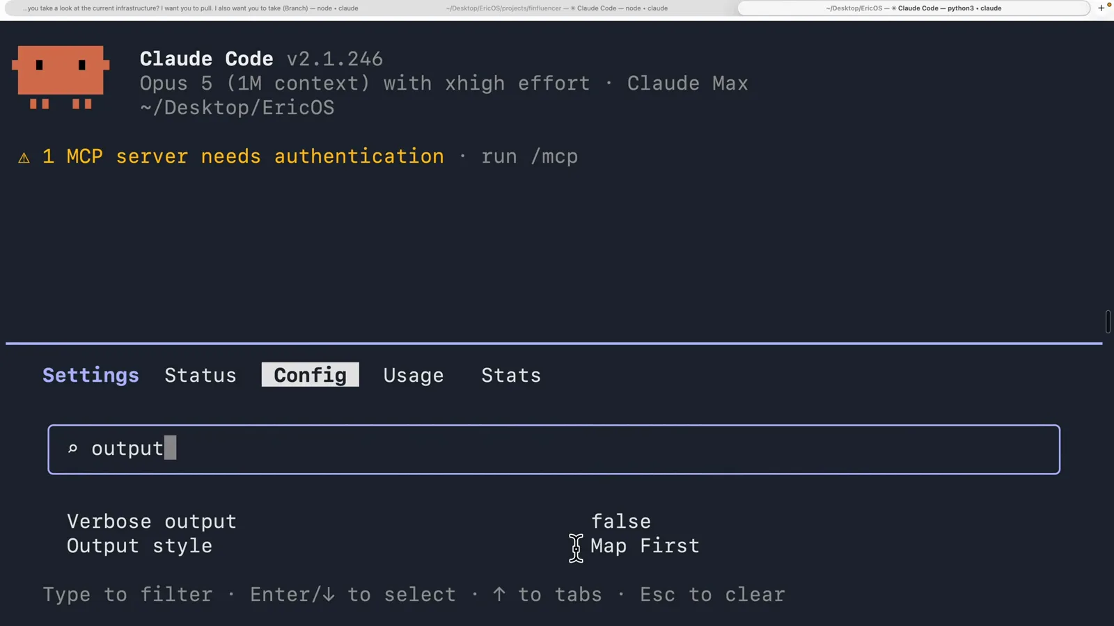 Claude Code /config panel filtered for output showing the Output style setting switched to Map First