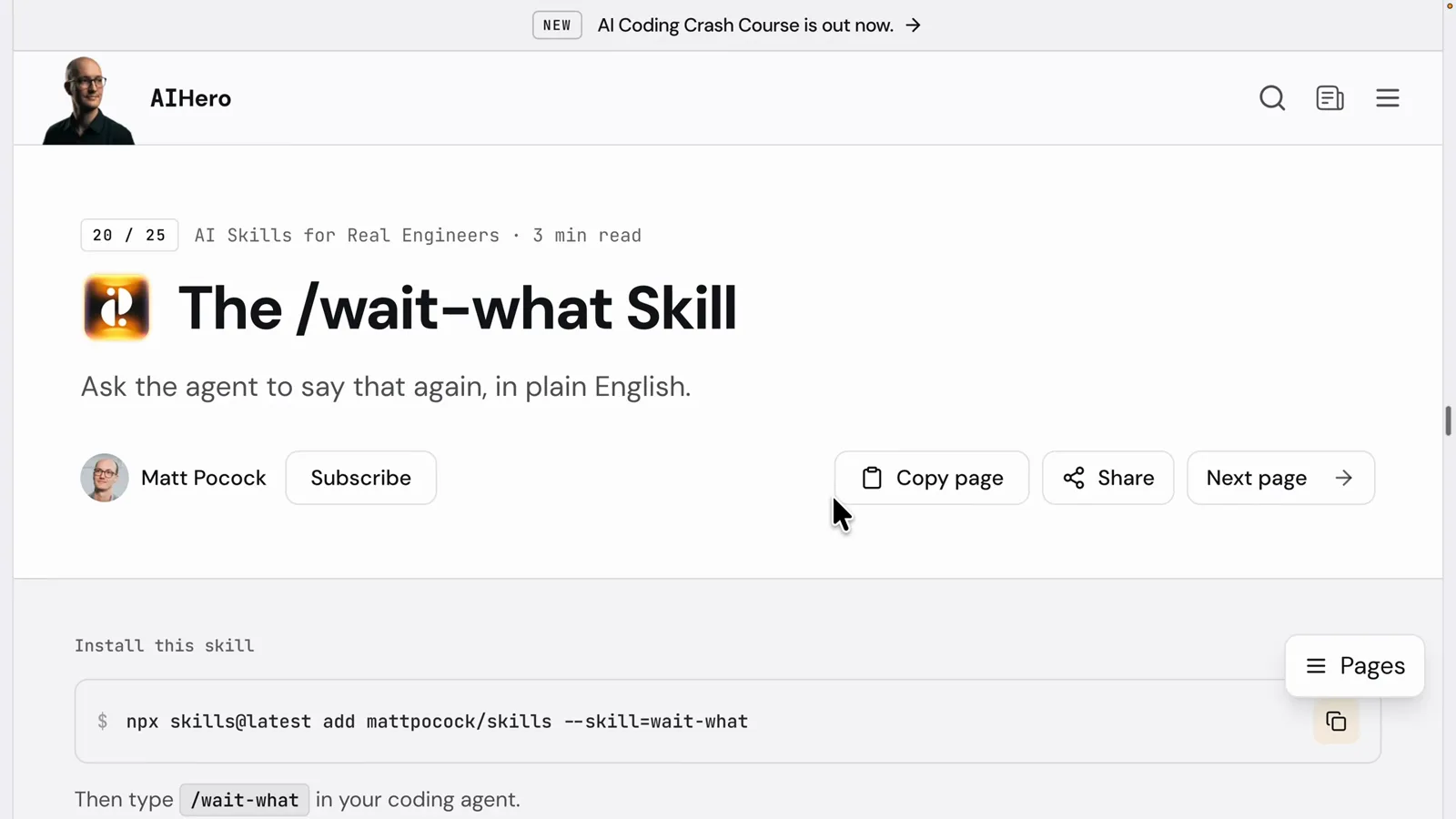 Matt Pocock’s /wait-what skill page on AI Hero promising to make the agent repeat its last message in plain English, with the skill install command