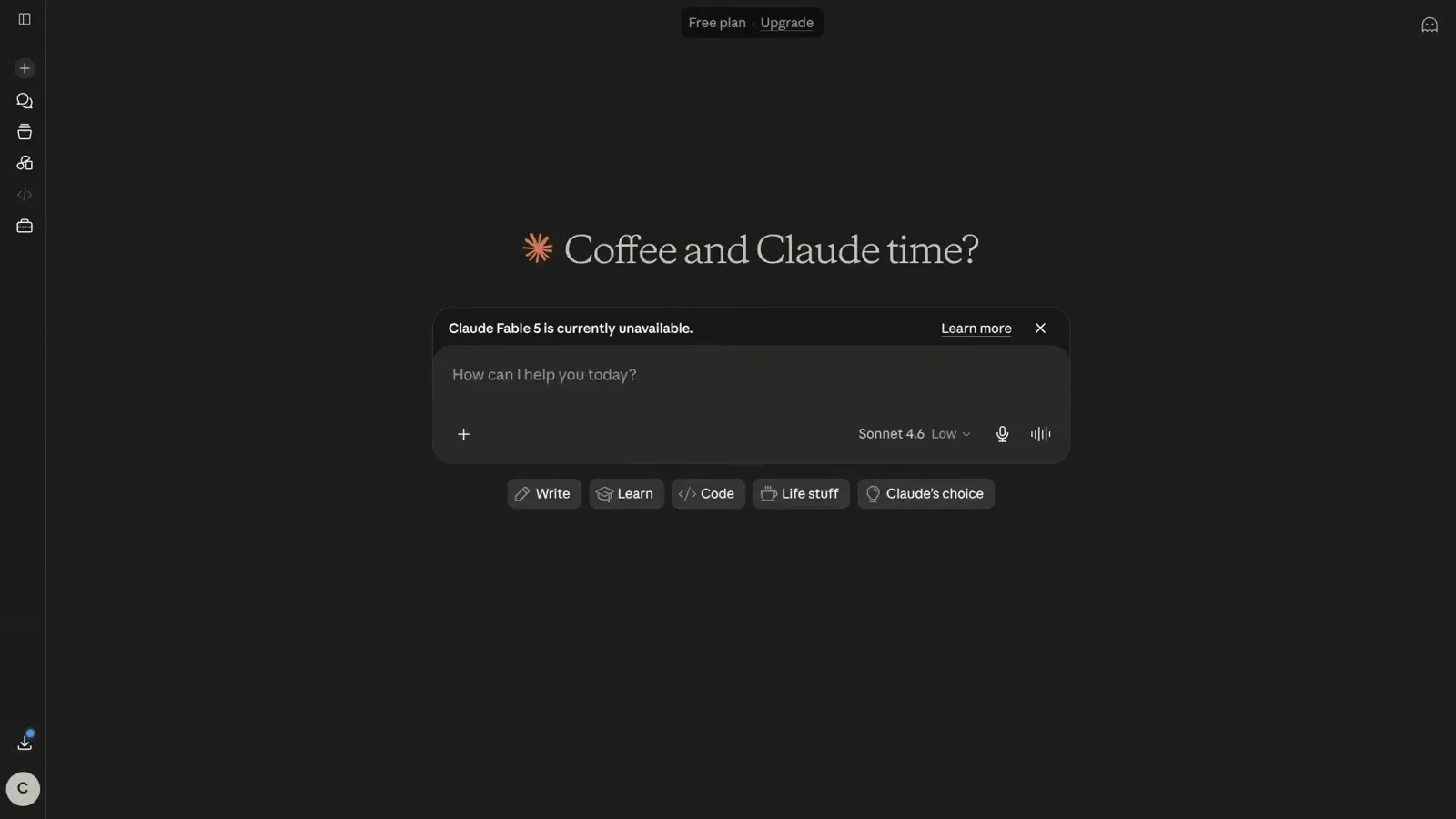 Claude web app home screen with the Claude Fable 5 is currently unavailable banner over the message composer, the capacity state behind a Claude Code 529 overloaded error