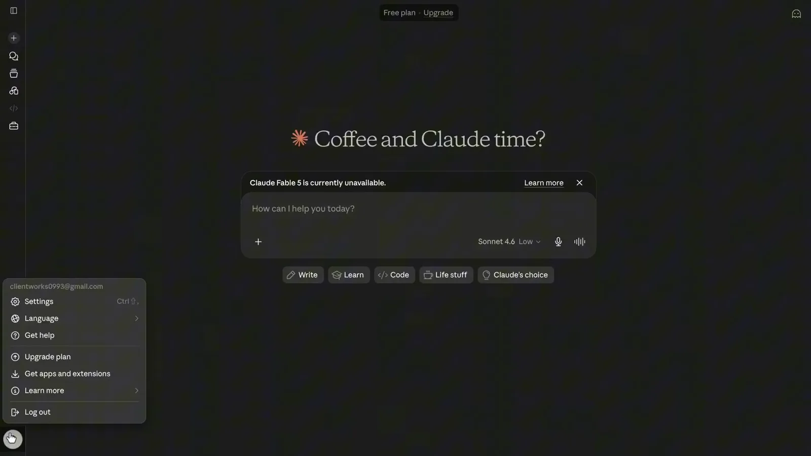 Claude app profile menu opened from the bottom-left avatar showing Settings, Language, Get help, Upgrade plan and Log out while a Fable 5 unavailable banner stays on screen