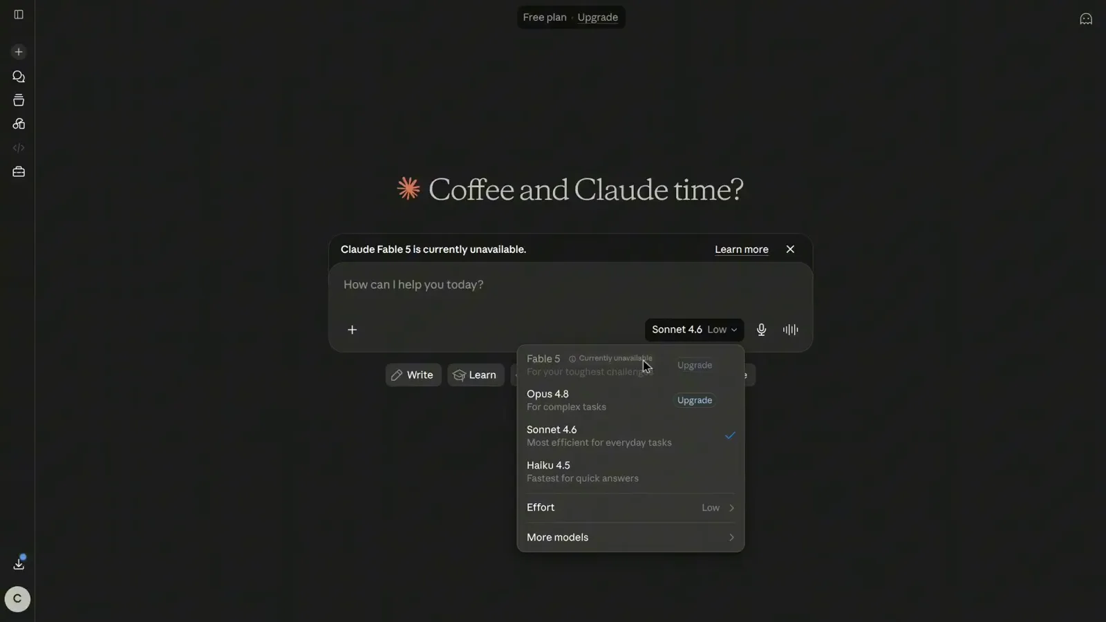 Claude model picker open with Fable 5 marked Currently unavailable while Sonnet 4.6 keeps its checkmark and Haiku 4.5 stays selectable, the /model fallback for a 529 overloaded model