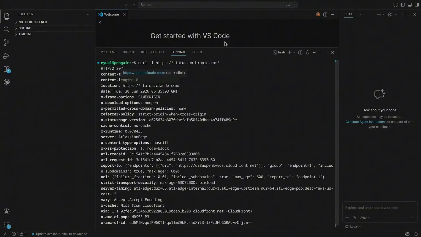 VS Code terminal running curl -I https://status.anthropic.com and showing the HTTP/2 307 redirect whose location header lands on status.claude.com during a Claude overload status check
