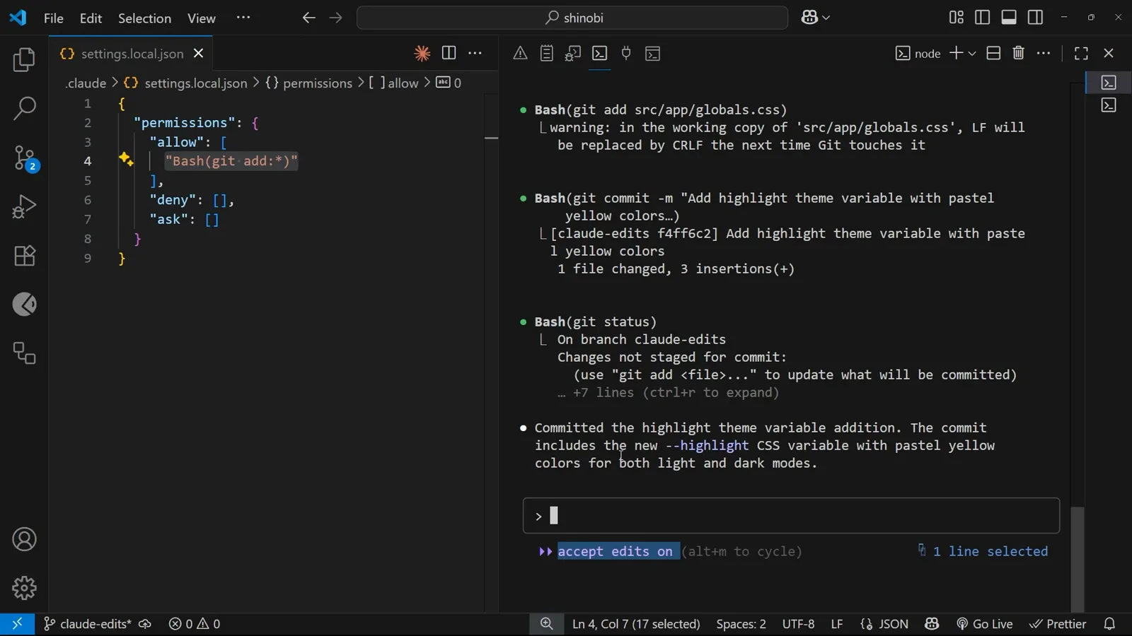 Claude Code footer reading accept edits on with alt and m to cycle as the allowed git commands land the highlight commit