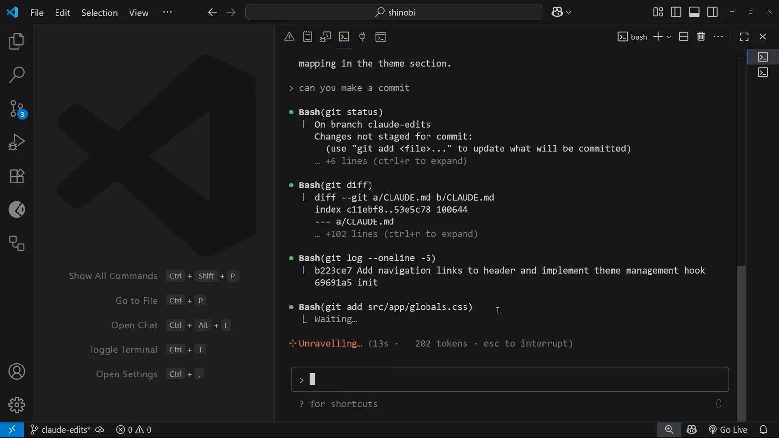Claude Code holding Bash(git add src/app/globals.css) in a Waiting state beneath finished git status, git diff and git log outputs while the commit waits on permission