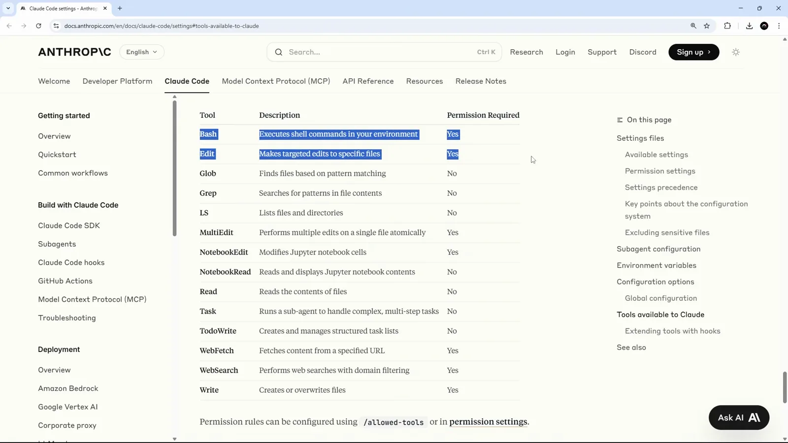 Anthropic's Claude Code settings docs with the Tools available to Claude table open, Bash and Edit rows selected and Permission Required set to Yes while Read, Glob and Grep read No