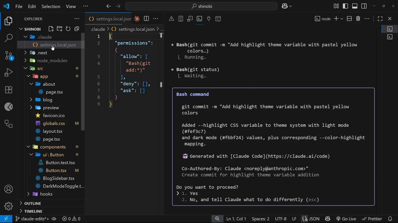 VS Code Explorer with the .claude folder expanded and settings.local.json defining a permissions object whose allow array holds Bash(git add:*) beside empty deny and ask arrays