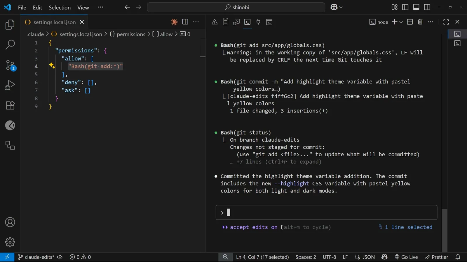 settings.local.json opened for hand editing with the Bash(git add:*) rule selected in permissions.allow while the finished highlight commit scrolls through the Claude Code panel