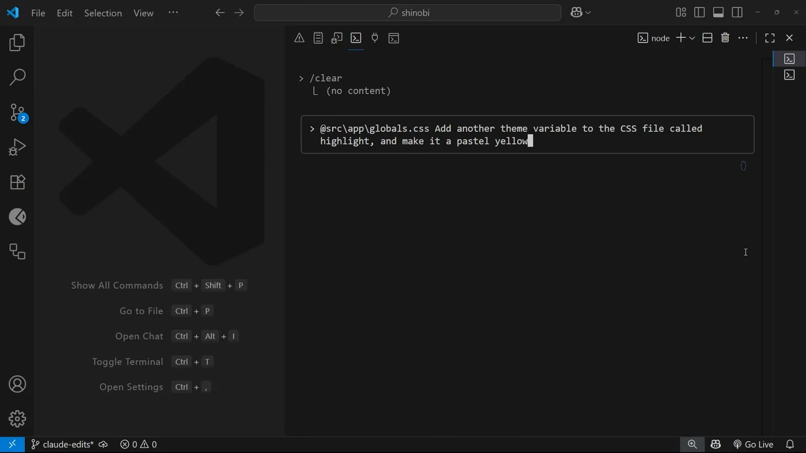 Claude Code input in the VS Code terminal holding the typed request to add a pastel yellow highlight theme variable to src/app/globals.css