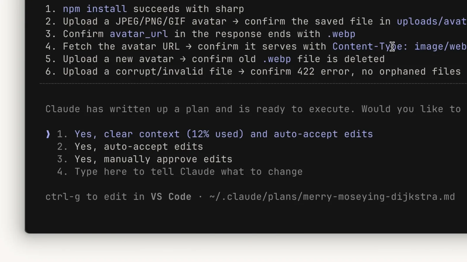 Claude Code plan approval prompt with yes and auto-accept edits, manually approve edits, tell Claude what to change, and ctrl+g to edit the plan file Claude Code plan approval prompt with yes and auto-accept edits, manually approve edits, tell Claude what to change, and ctrl+g to edit the plan file