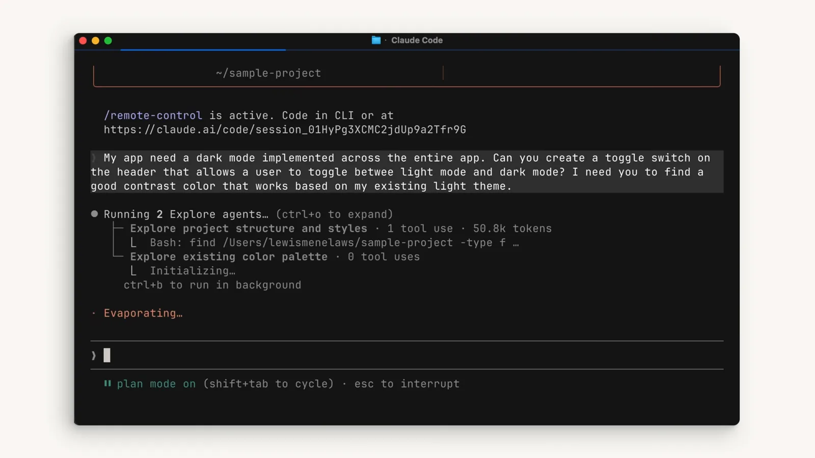 VS Code with Claude Code plan mode on running two Explore agents to map project structure and the existing color palette VS Code with Claude Code plan mode on running two Explore agents to map project structure and the existing color palette