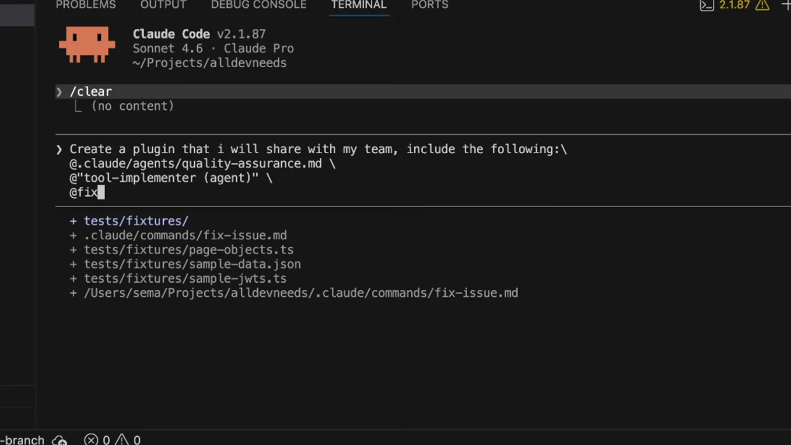 Claude Code prompt asking to create a shareable team plugin that packages the quality-assurance agent and fix-issue command from the .claude folder