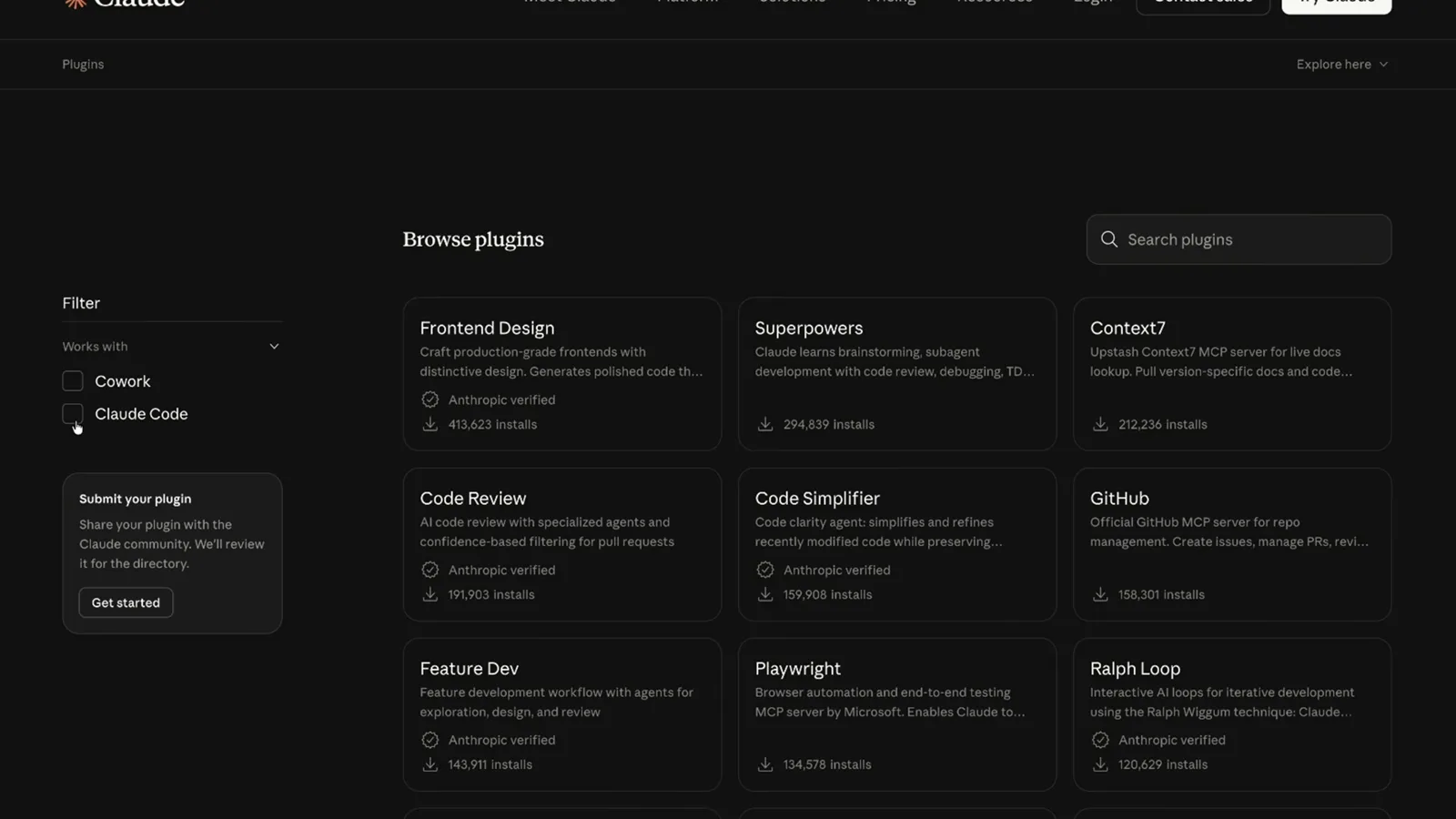 Claude Code plugin marketplace browse grid listing Frontend Design, Superpowers, Context7, Code Review, Code Simplifier, GitHub and Playwright with install counts and a Claude Code filter