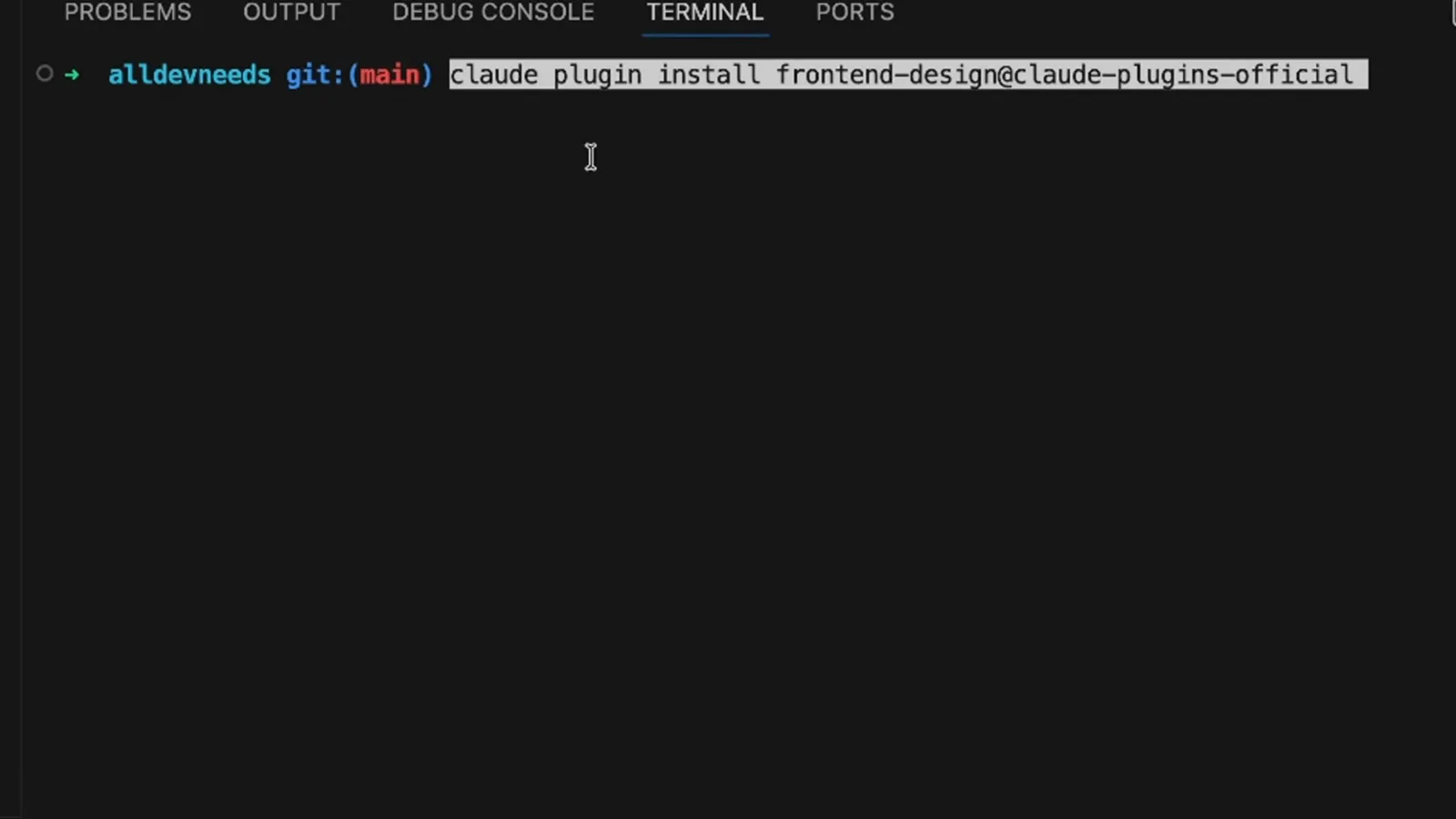 Terminal running claude plugin install frontend-design@claude-plugins-official to install a plugin from the official marketplace by name