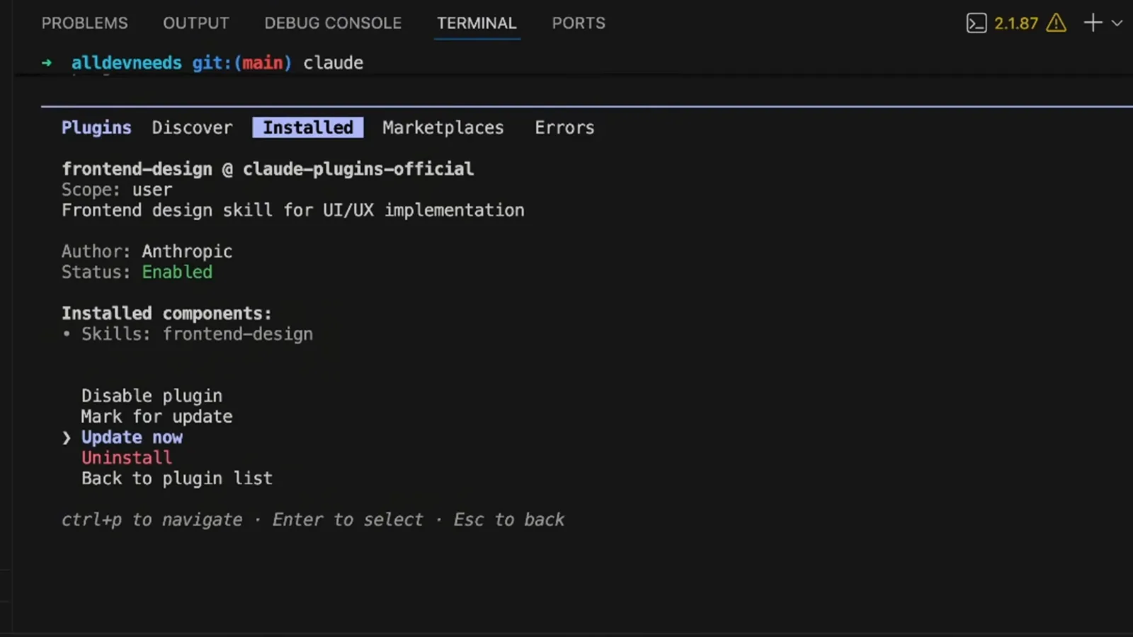 Plugin management menu for frontend-design offering Disable plugin, Mark for update, Update now, Uninstall and Back to plugin list