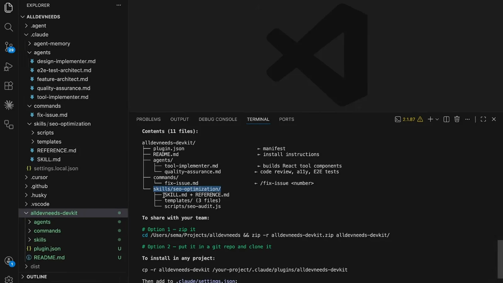 plugin.json manifest of a Claude Code plugin declaring name, version, description, agents, commands and skills arrays beside an 11-file contents tree