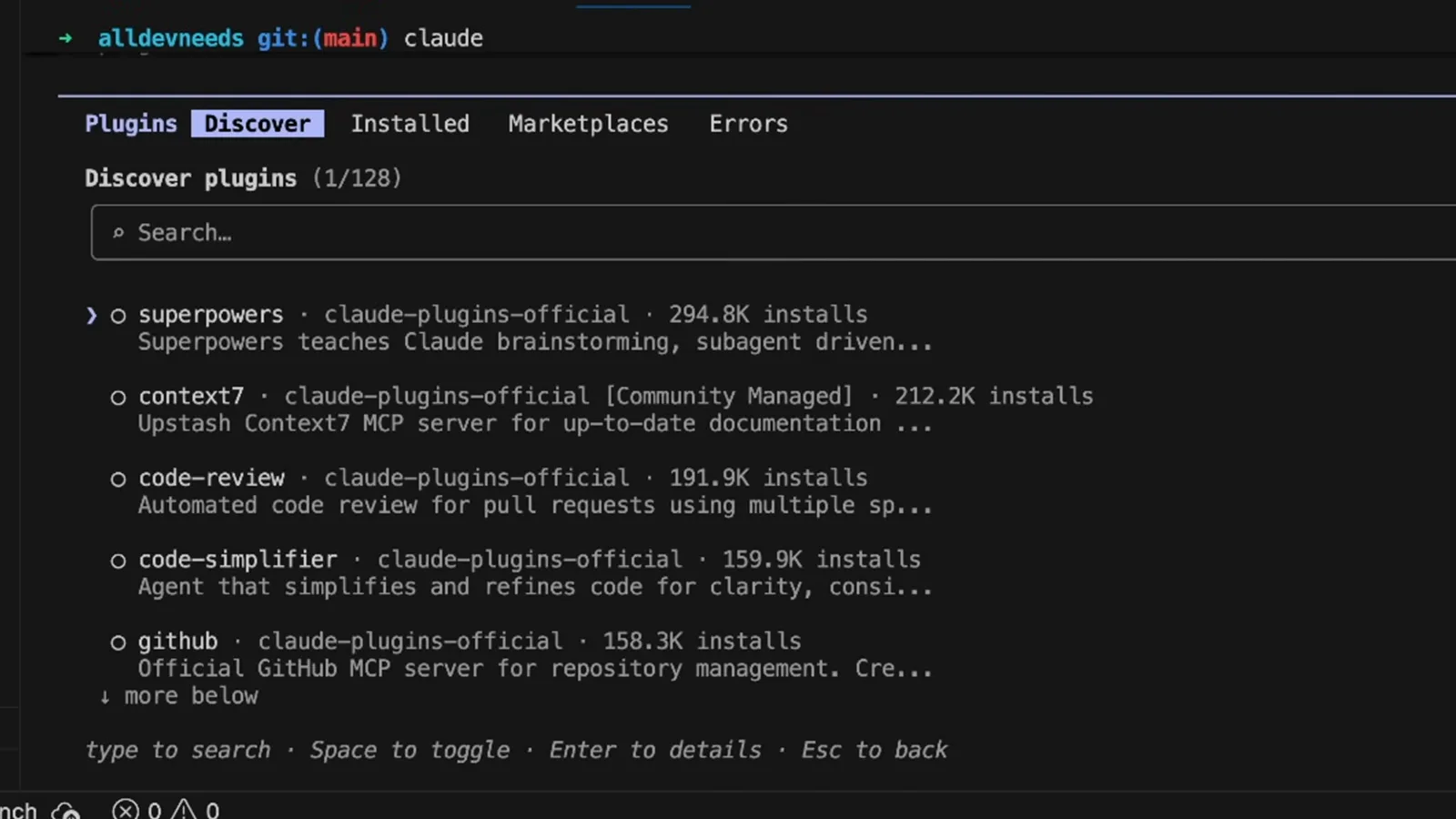 Claude Code /plugin Installed tab showing frontend-design enabled, pr-review-toolkit enabled and disabled plugins next to connected and disconnected MCP servers