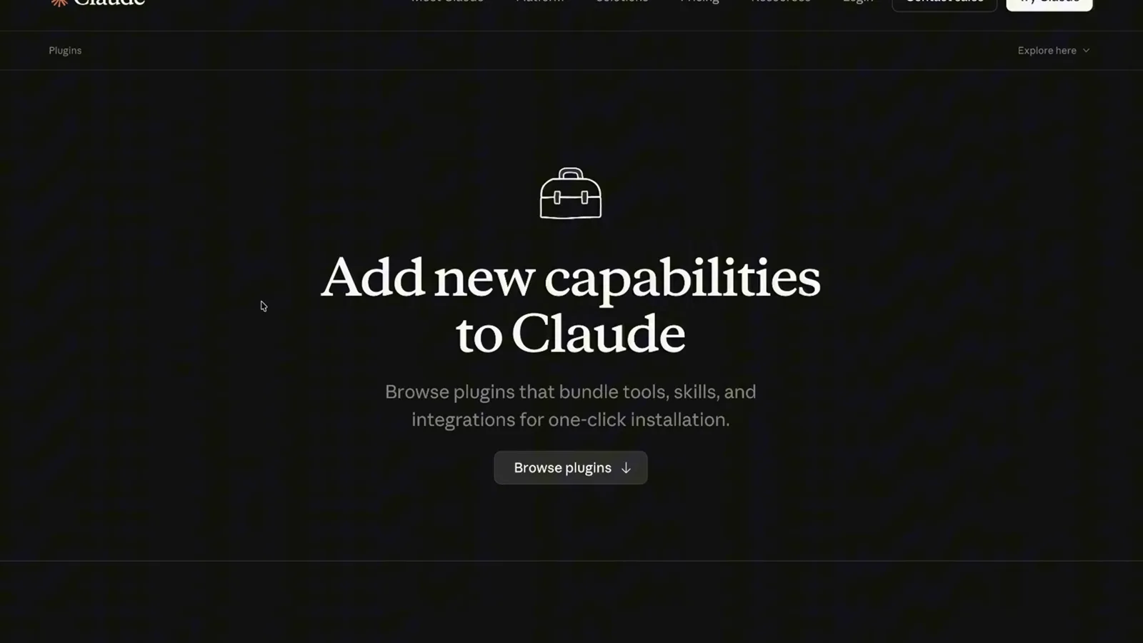 Official Claude plugins page inviting you to browse plugins that bundle tools, skills and integrations for one-click installation