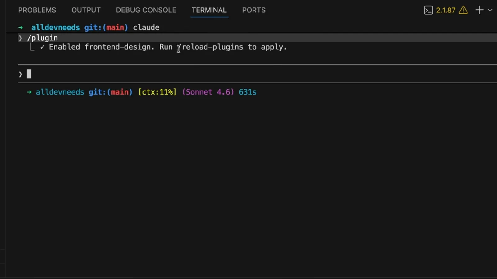Claude Code terminal confirming Enabled frontend-design with a /reload-plugins hint plus a reload summary of 1 plugin, 1 skill and 15 agents