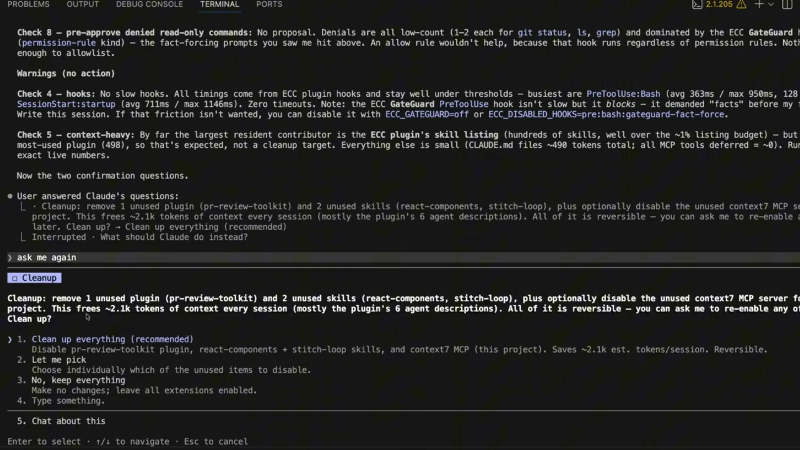 Claude Code cleanup confirmation prompt offering Clean up everything recommended, Let me pick, No keep everything, Type something and Chat about this above the Enter to select footer