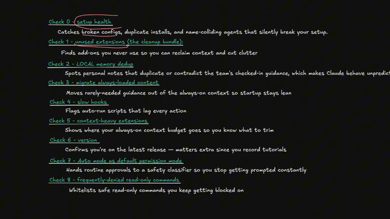 Claude Code doctor list explaining Check 0 setup health, Check 1 unused extensions, Check 2 LOCAL memory dedup, Check 3 always-loaded content, Check 4 slow hooks, Check 5 context-heavy extensions, Check 6 version, Check 7 auto mode and Check 8 denied read-only commands, with hand-drawn red circles on the checks being highlighted