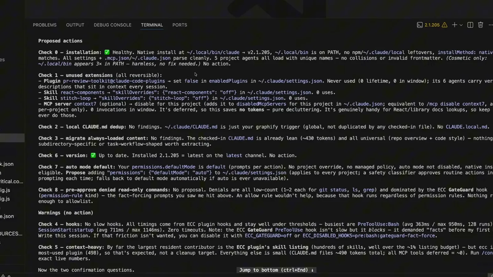 Claude Code doctor report headed Proposed actions, with Check 0 installation marked Healthy, Check 1 listing an unused pr-review-toolkit plugin plus react-components and stitch-loop skills, and Checks 2 and 3 reporting no CLAUDE.md dedup findings