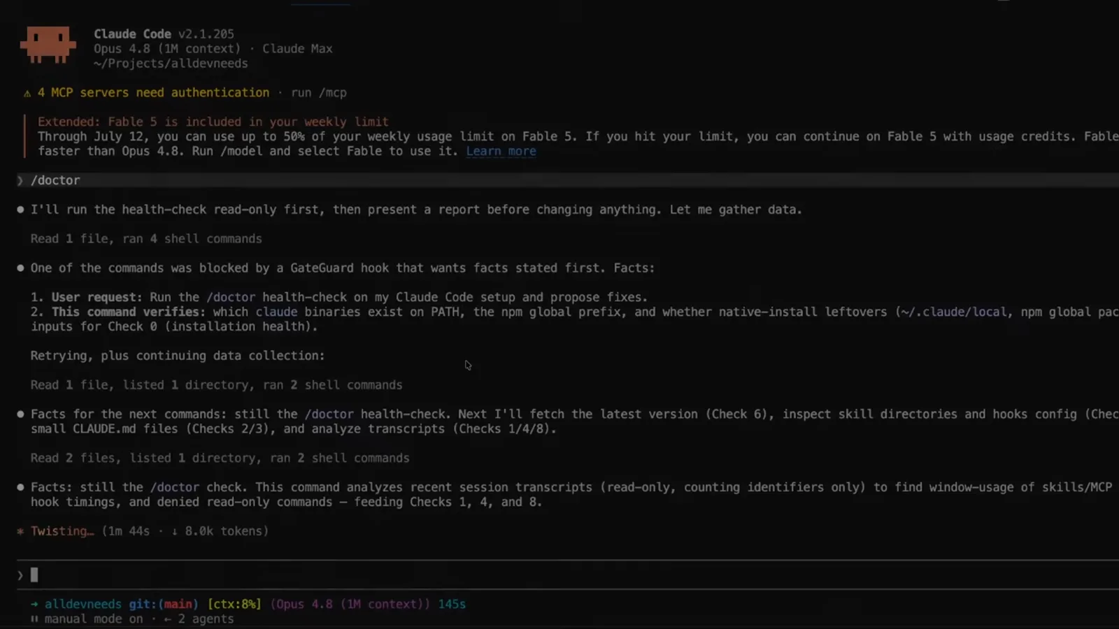 Claude Code terminal with /doctor typed at the prompt and Claude answering that it will run the health-check read-only first, then present a report before changing anything