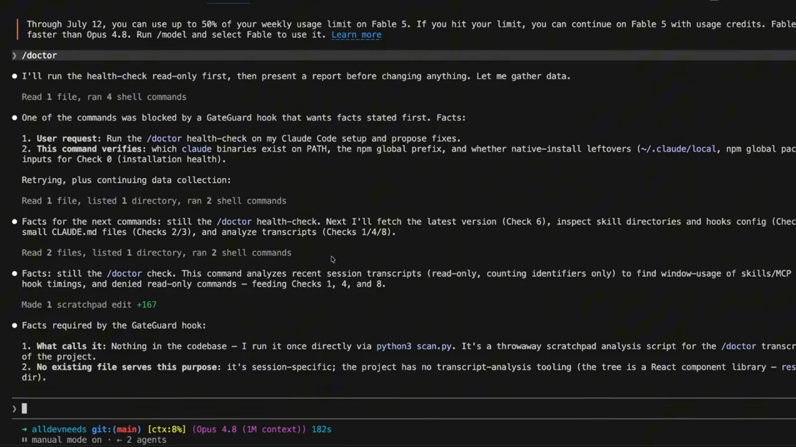 Claude Code checkup transcript listing read-only fact gathering for Check 6 version, Checks 2 and 3 for small CLAUDE.md files, and Checks 1, 4 and 8 from recent session transcripts
