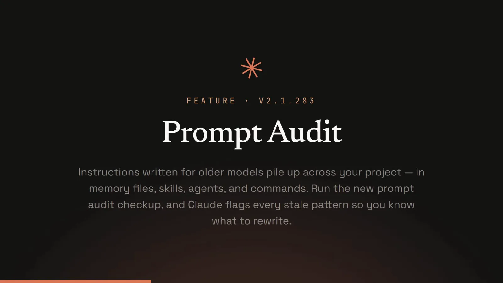 Motion-graphics feature card titled Prompt Audit explaining that instructions written for older models pile up across memory files, skills, agents and commands