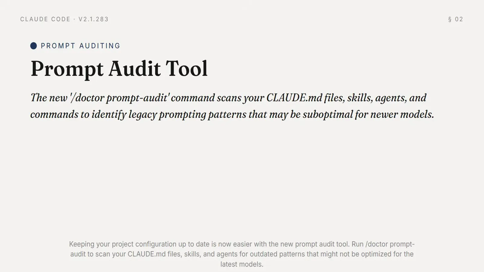 Claude Code v2.1.283 release-notes slide describing the new /doctor prompt-audit command that scans CLAUDE.md files, skills, agents and commands to identify legacy prompting patterns