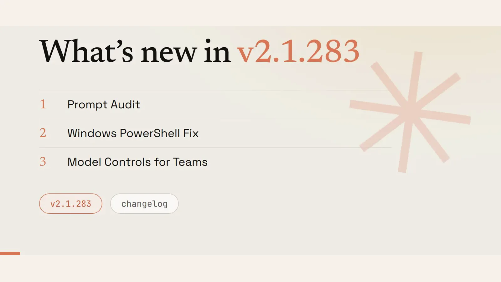 Claude Code release card for v2.1.283 listing Prompt Audit as headline 1 above Windows PowerShell Fix and Model Controls for Teams, with the v2.1.283 changelog chip below