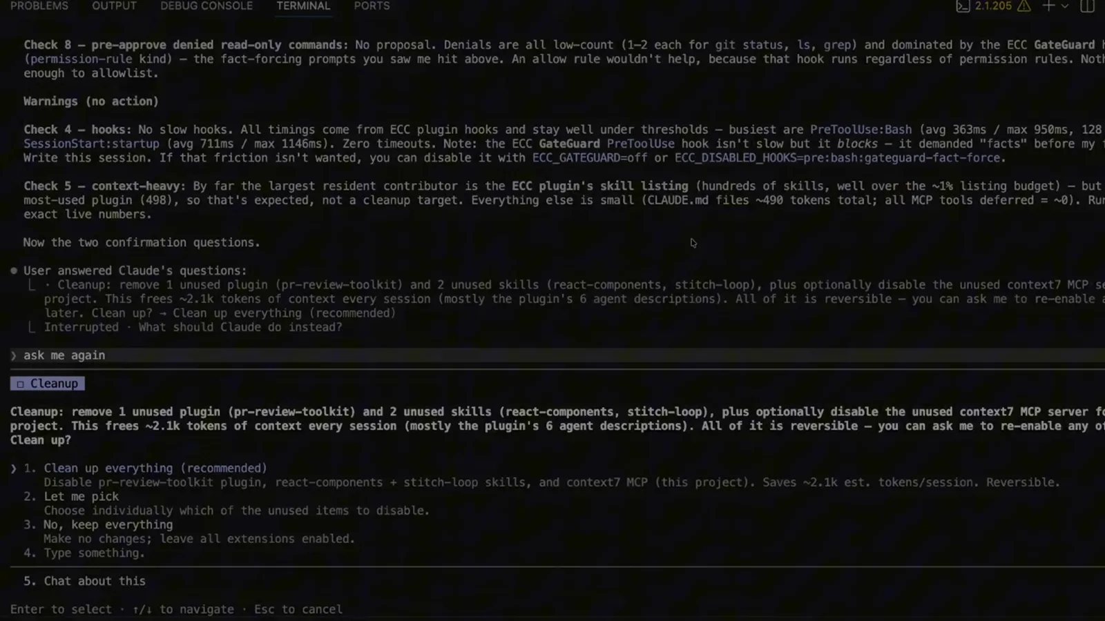 Claude Code session header on v2.1.205 showing the Opus 4.8 1M context Claude Max model line, the ~/Projects/alldevneeds working directory and a warning that four MCP servers need authentication