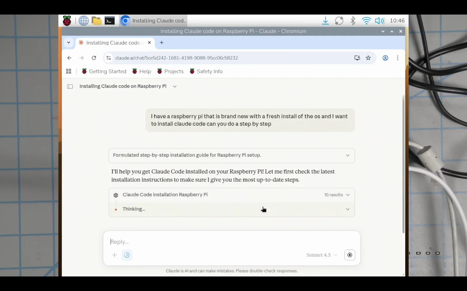 Claude chat in Chromium on the Raspberry Pi desktop answering a step-by-step Claude Code install request with a web search for current instructions Claude chat in Chromium on the Raspberry Pi desktop answering a step-by-step Claude Code install request with a web search for current instructions
