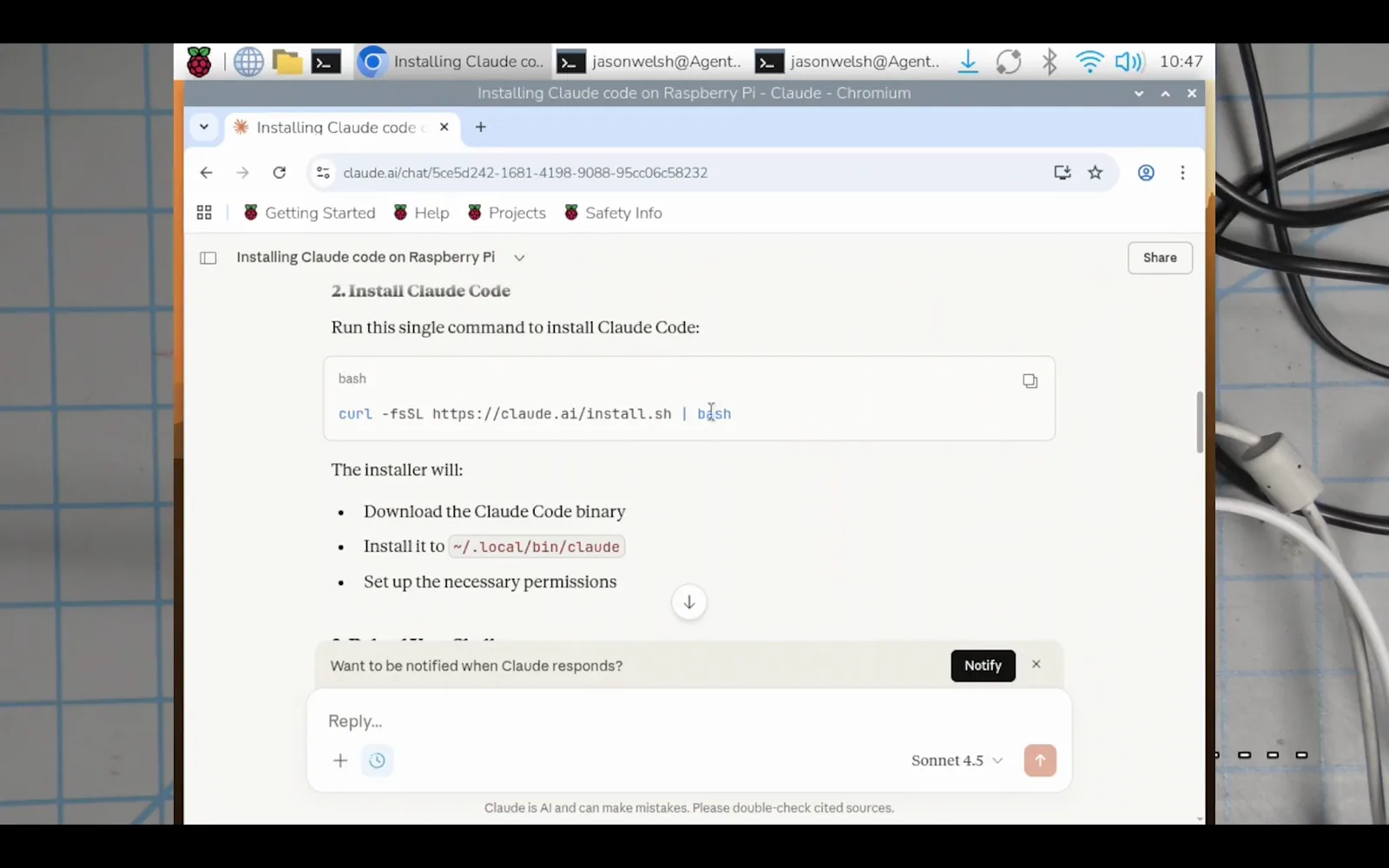 Claude chat install step showing the curl -fsSL https://claude.ai/install.sh | bash command that places the Claude Code binary in the local bin folder Claude chat install step showing the curl -fsSL https://claude.ai/install.sh | bash command that places the Claude Code binary in the local bin folder