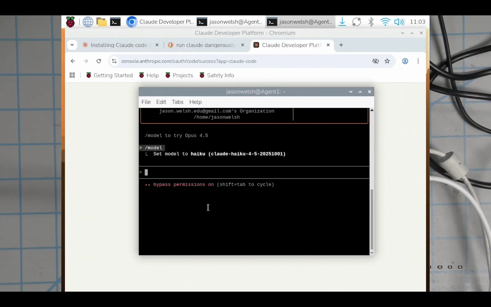 Claude Code terminal session confirming the model was set to haiku after typing the /model command to reduce token usage on a Raspberry Pi Claude Code terminal session confirming the model was set to haiku after typing the /model command to reduce token usage on a Raspberry Pi