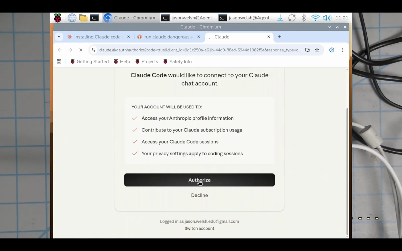 Claude Code OAuth consent page in Chromium on Raspberry Pi asking to connect to your Claude chat account with an Authorize button Claude Code OAuth consent page in Chromium on Raspberry Pi asking to connect to your Claude chat account with an Authorize button