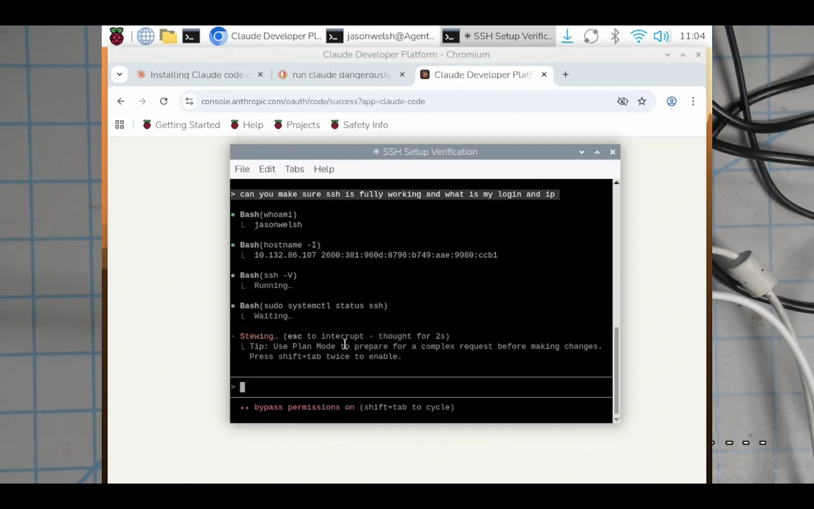 Claude Code running an SSH setup check on Raspberry Pi with whoami, hostname and systemctl status ssh bash calls in a verification session Claude Code running an SSH setup check on Raspberry Pi with whoami, hostname and systemctl status ssh bash calls in a verification session