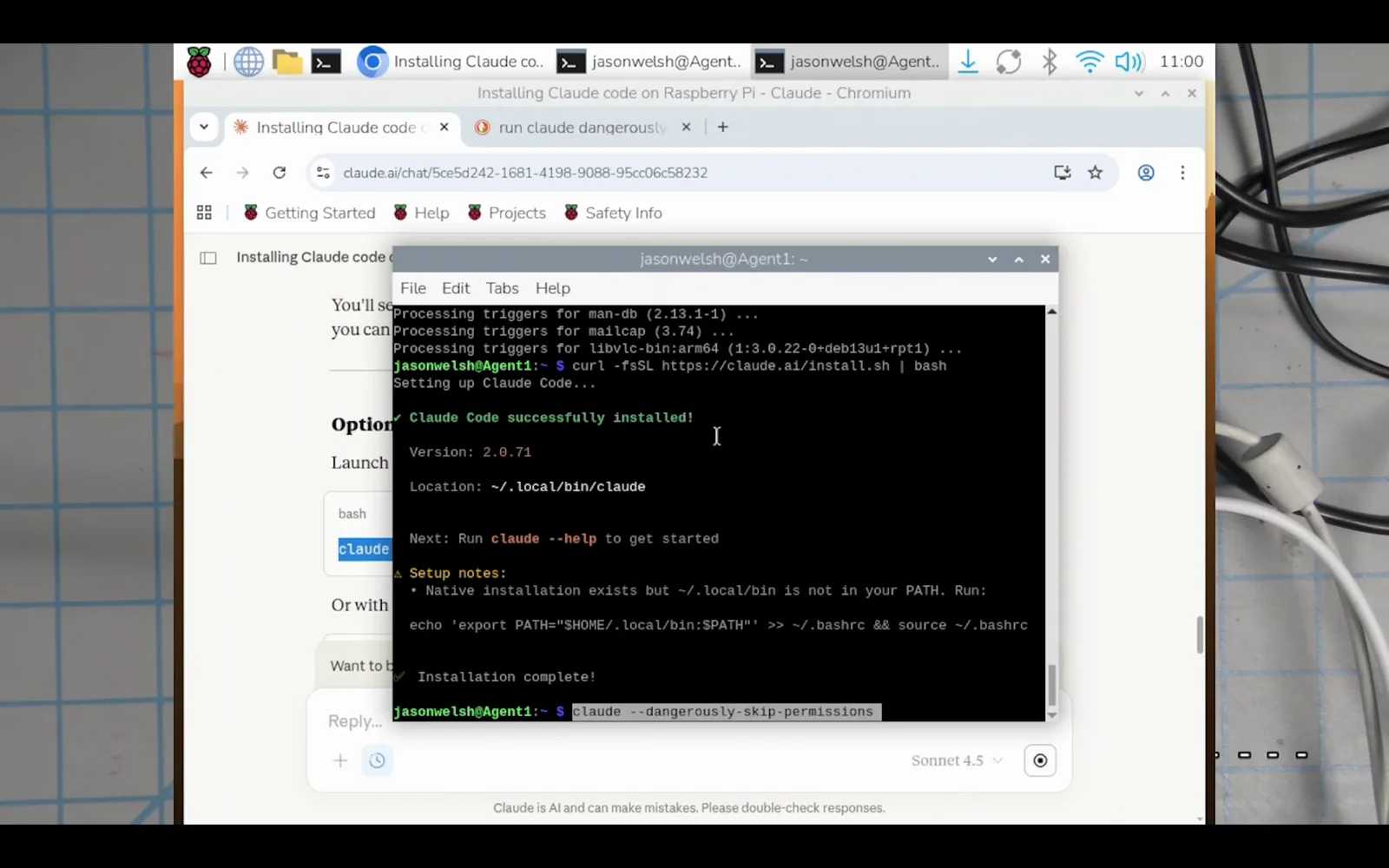 Terminal reporting Claude Code successfully installed with version 2.0.71, the binary location, and a PATH export command to append to bashrc Terminal reporting Claude Code successfully installed with version 2.0.71, the binary location, and a PATH export command to append to bashrc